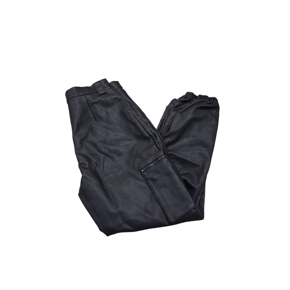 KanCan Women Medium Black Faux Leather Cargo Joggers High Waist Utility Trousers
